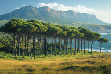 Wall Mural - Coastal Pines Stand Tall Against Majestic Mountains