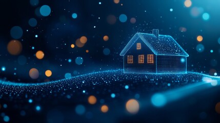 Poster - A glowing digital house sits on a wave of shimmering lights against a dark blue background, evoking a futuristic ambiance.