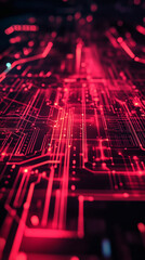 Poster - Complex network of circuits and electronic components forming an intricate pattern on a red printed circuit board, symbolizing technological advancement