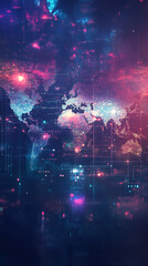 Poster - Futuristic world map with glowing lines and nodes, representing global communication and data flow in the digital age