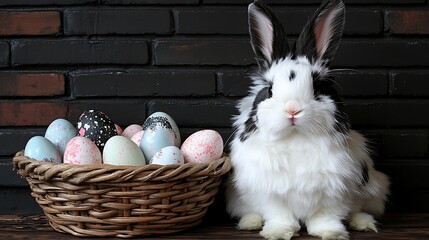 Wall Mural - A pastel-colored Easter bunny costume with soft fur and long ears, leaning against a basket of eggs