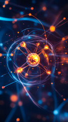 Aufkleber - Electrons orbiting nucleus surrounded by dynamic energy field in stylized atom representation, ideal for science and education themes