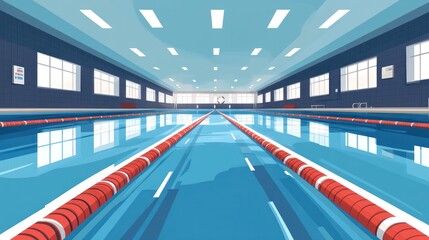 Wall Mural - Indoor swimming pool with lanes, bright lighting, and windows.