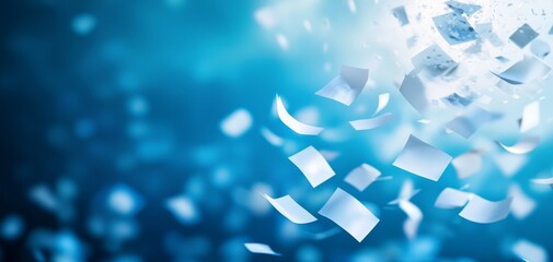 Poster - An abstract image featuring floating, scattered pieces of paper against a blue background, creating a dynamic, airy atmosphere.