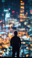 Poster - engineer silhouette wearing hardhat, standing before digital code overlay and blurred urban skyline,