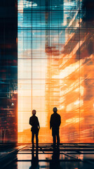 Canvas Print - Two engineers are checking the progress of works at a construction site at sunset, silhouette view