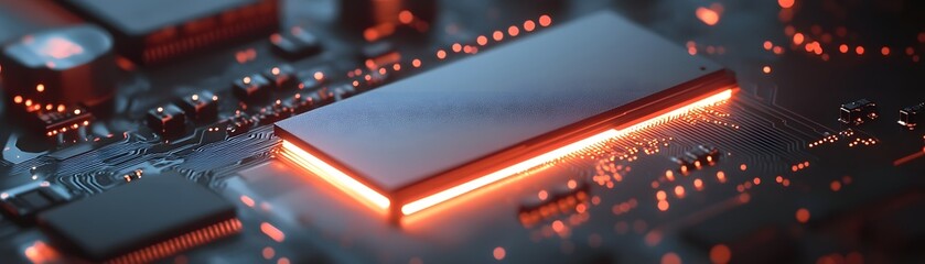 Poster - A close-up view of a high-tech circuit board with glowing elements, showcasing intricate details of modern electronics and innovation in technology.