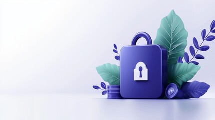 Poster - a modern purple padlock surrounded by green leaves, symbolizing security and protection in a digital