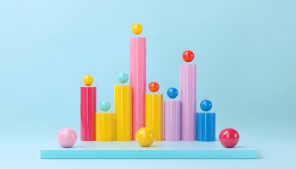 Poster - A colorful arrangement of geometric shapes, including vibrant cylindrical and spherical objects, set against a soft blue background, perfect for playful and creative designs.