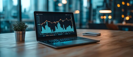 Poster - A sleek laptop displays vibrant data visualizations, set on a stylish wooden desk with ambient lighting and a small plant in a pot.