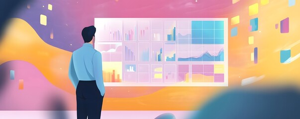 Poster - A professional observing vibrant data visualizations on a digital display, showcasing trends and analytics. A creative workspace that inspires innovation and strategic thinking.