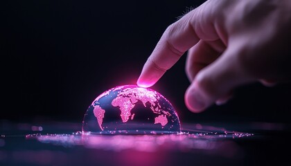 Poster - A hand touches a glowing holographic globe, showcasing a digital representation of Earth in vibrant pink hues against a dark background.
