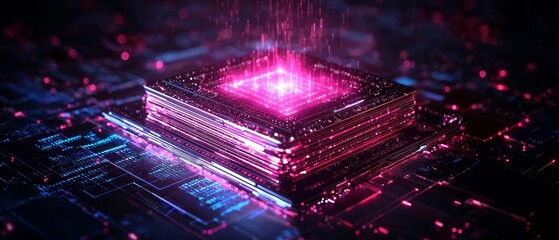 Poster - A glowing, futuristic microchip emits vibrant pink light, surrounded by intricate digital patterns, symbolizing advanced technology and innovation.