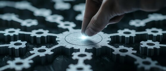 Poster - A hand interacts with a glowing central gear among a network of interconnected gears, symbolizing technology and innovation.