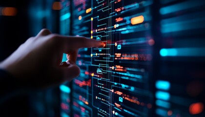 Poster - a close-up of a hand interacting with a digital interface displaying vibrant data patterns, symboliz
