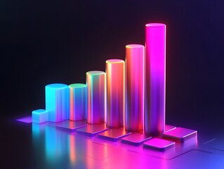Poster - A vibrant and colorful bar chart representing growth and data analysis, enhanced with neon lights. This visually striking graphic symbolizes progress and business success.