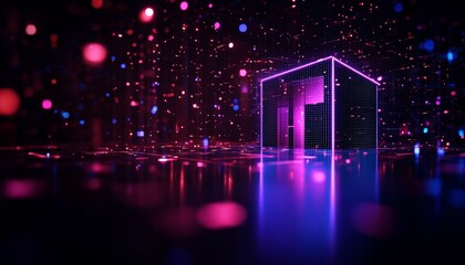 Poster - 1. A vibrant digital scene featuring a glowing cube surrounded by colorful particles against a dark background.