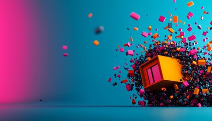 Poster - A vibrant explosion of colorful shapes surrounds a bright orange box, set against a blue background, creating a dynamic and energetic visual.