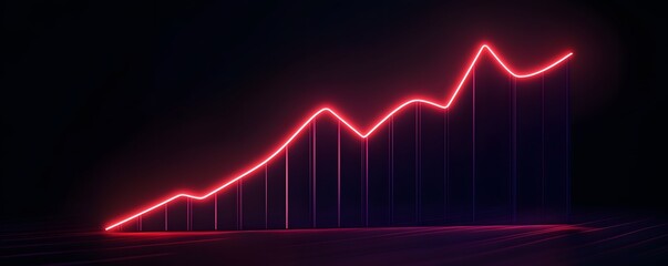 Poster - A vibrant neon graph depicting an upward trend on a dark background. Ideal for illustrating growth, financial success, or data analysis in modern business environments.