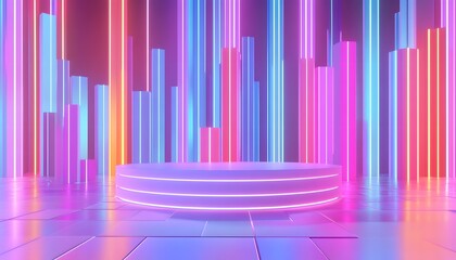 Poster - A vibrant stage setup with neon lights and colorful vertical bars, creating a futuristic ambiance perfect for events, presentations, and performances