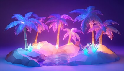 A vibrant scene featuring illuminated palm trees and colorful rocks, creating a serene oasis feel. Ideal for themes of relaxation, escape, and tropical paradise decor.