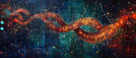 Poster - An abstract digital artwork featuring a vibrant, flowing line against a colorful background of dynamic shapes and patterns, symbolizing energy and connectivity in a modern world.