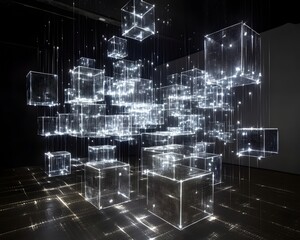 Poster - An artistic display of translucent cubes illuminated by soft light, creating a mesmerizing visual effect. This modern installation symbolizes innovation and creativity.