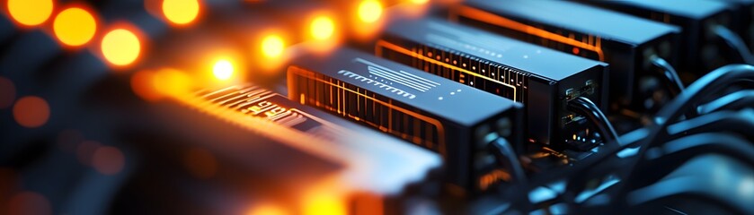 Poster - Close-up view of server hardware with glowing lights, showcasing intricate wiring and components. This image captures the essence of modern technology in a data center environment.
