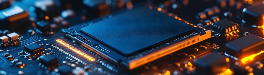 Poster - Close-up view of a modern microchip on a circuit board, showcasing intricate details and glowing elements. Perfect for illustrating advances in technology and electronics.