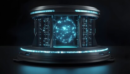 Poster - Futuristic holographic display showcasing intricate digital designs and glowing elements, set against a dark background, perfect for representing advanced technology concepts.