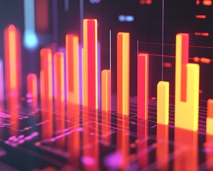 Poster - Vibrant data visualization featuring neon bars and digital elements showcasing trends and analytics in a modern, high-tech style to symbolize innovation and progress.