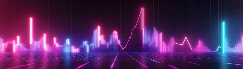 Poster - Vibrant digital waveform visualization featuring colorful neon lights in pink and blue. Ideal for representing sound, music, or technology themes in modern design.