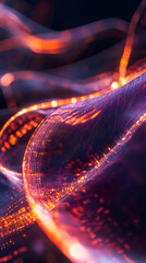 Aufkleber - Glowing orange particles swirling and flowing on purple digital grid, creating abstract wave motion
