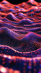 Poster - abstract background featuring flowing waves of red and blue digital particles, creating a vibrant an