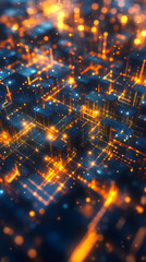 Poster - Glowing interconnected digital cubes representing data flow, networking technology, complex information exchange through luminous geometric connections