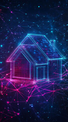 Aufkleber - Wireframe house glowing on dark background with network connections, representing smart home technology and innovation