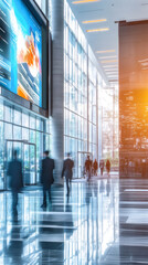 Poster - Businesspeople are walking in the lobby of a modern office building with a large screen displaying data visualizations