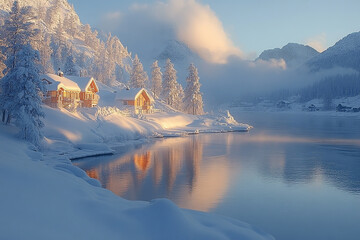 Wall Mural - Winter Wonderland Cabins Lakeside Mountain View