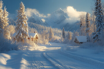 Wall Mural - Snow Covered Cabins nestled in a Winter Mountain Range