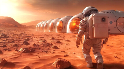 Wall Mural - astronaut exploring a martian landscape with habitat modules