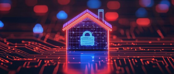 Poster - A digital representation of a house with a padlock, symbolizing cybersecurity and smart home technology on a circuit board background.