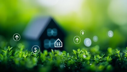 Poster - a small house model surrounded by lush greenery and digital icons representing finance, location, an