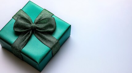 Canvas Print - Elegant Teal Gift Box with Dark Green Glitter Bow Present Holiday Celebration