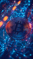 Poster - Bitcoin cryptocurrency coin rotating and connecting in cyberspace, blockchain technology and decentralized finance concept