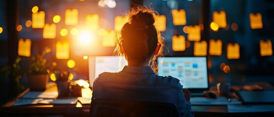 Poster - A person is seated at a desk, working on a laptop, with warm light glowing from behind and colorful notes illuminating the background.