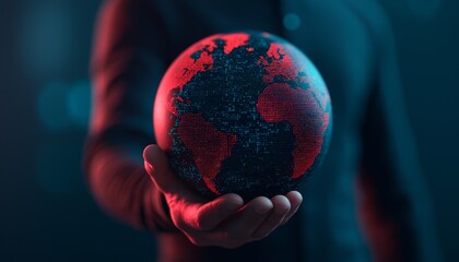 Poster - A person holds a glowing globe, representing the world, illuminated in red and black hues, with a futuristic background.