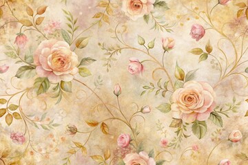  Elegant Vintage Floral Pattern with Delicate Roses and Ornate Swirls on a Textured Background