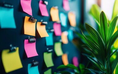 Poster - A vibrant wall covered with colorful sticky notes and a green plant, creating an organized yet creative workspace atmosphere.