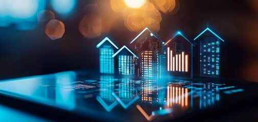 Poster - A digital representation of houses and a bar graph, symbolizing real estate analytics and market trends on a smartphone interface.