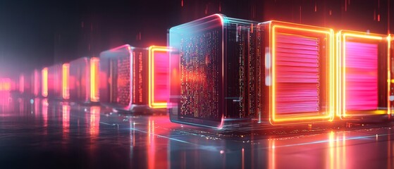 Fototapete - A vibrant, futuristic display of illuminated cubes with glowing edges, set against a reflective surface, creating a tech-inspired ambiance.